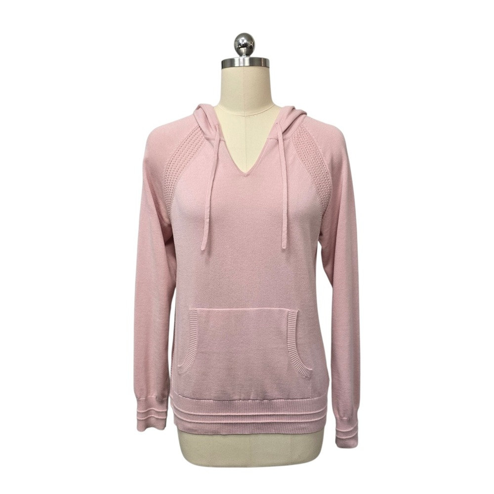 Athleta Evergreen Hoodie Sweater Pink‎ V Neck Long Sleeve Kangaroo Pocket Size S